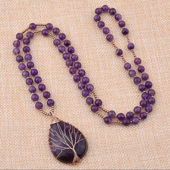 Copper and Natural Amethyst Crystal Tree of Life Pendant Necklace - Picture 2 of 6